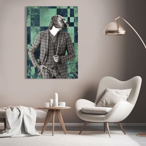 Impression sur toile animal moderne : VizLab, Gentleman 1 (N&B)Tableau Design "Gentleman Canin" – Chien en Costume Élégant en noir & blanc