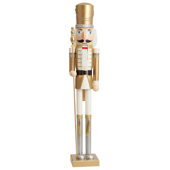 Casse-Noisette de Noël géant en bois Soldat Roi, 120 cm en or et blanc, ornement traditionnel classique en bois de pin fait à la main de qualité supérieure, décoration de Noël avec pièces mobiles