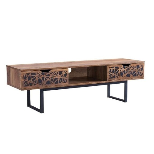 Meuble TV 2 tiroirs et une niche décor bois et motifs noir L140 cm - Anaëlle